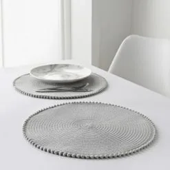 B&M Grey Round Pom Pom Placemats 4pk