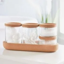 B&M Storage Jars 5pk -ComfyZone Shop 373970 set of 4 glass storage jars with cork lids and tray