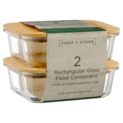B&M Rectangular Glass Food Containers With Bamboo Lids 2pk -ComfyZone Shop 376824 2pk regular glass food containers1