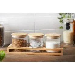 B&M Natural Home Glass Jars In Bamboo Stand 3pk -ComfyZone Shop 380530 3pk natural home glass jars in bamboo stand 2