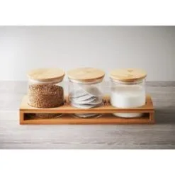 B&M Natural Home Glass Jars In Bamboo Stand 3pk -ComfyZone Shop 380530 3pk natural home glass jars in bamboo stand