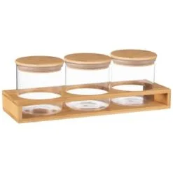 B&M Natural Home Glass Jars In Bamboo Stand 3pk