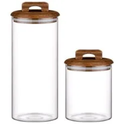 B&M Large Glass Jar With Acacia Wood Lid -ComfyZone Shop 394438 394439 glass canister with acacia wood group 1